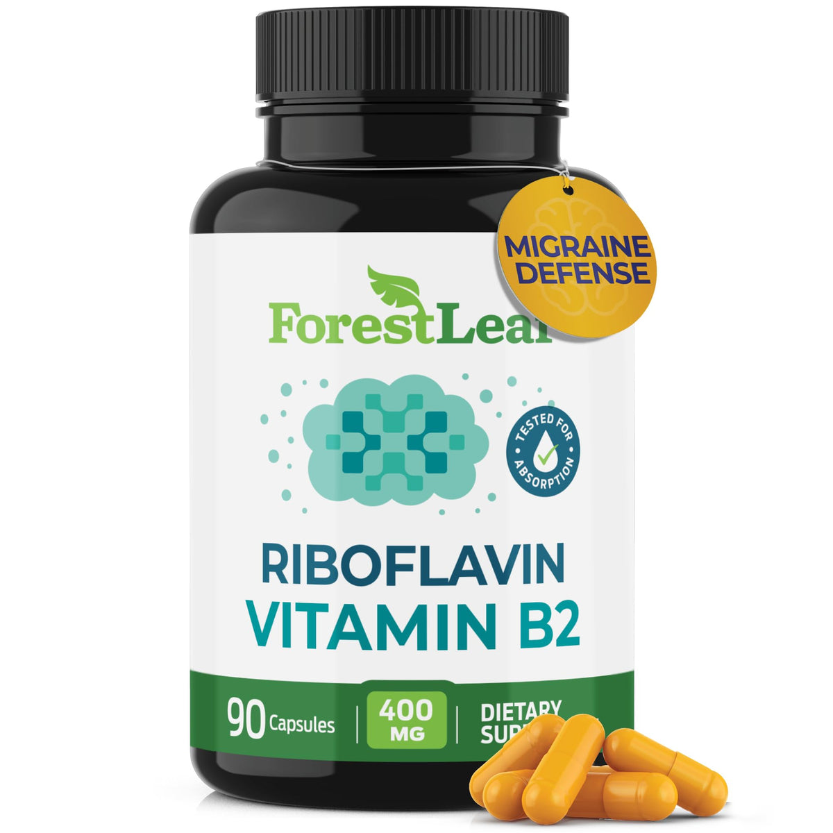 ForestLeaf Vitamin B2 Riboflavin 400mg - Energy, Skin & Cellular Health Supplement - Nervous System Support - Vitamin B 2 VIT B - Non-GMO & Gluten Free - FENGGESTORE20