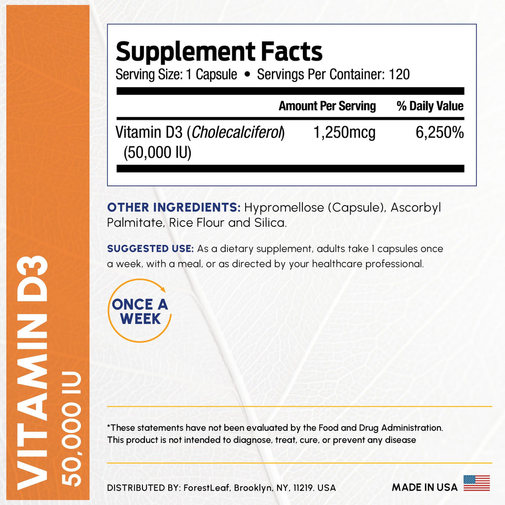 ForestLeaf Vitamin D3 50,000 IU | VIT D - Kosher VIT D3 Vitamin D Supplement for Women and Men | Bone Health, Teeth, Immune Support - FENGGESTORE20