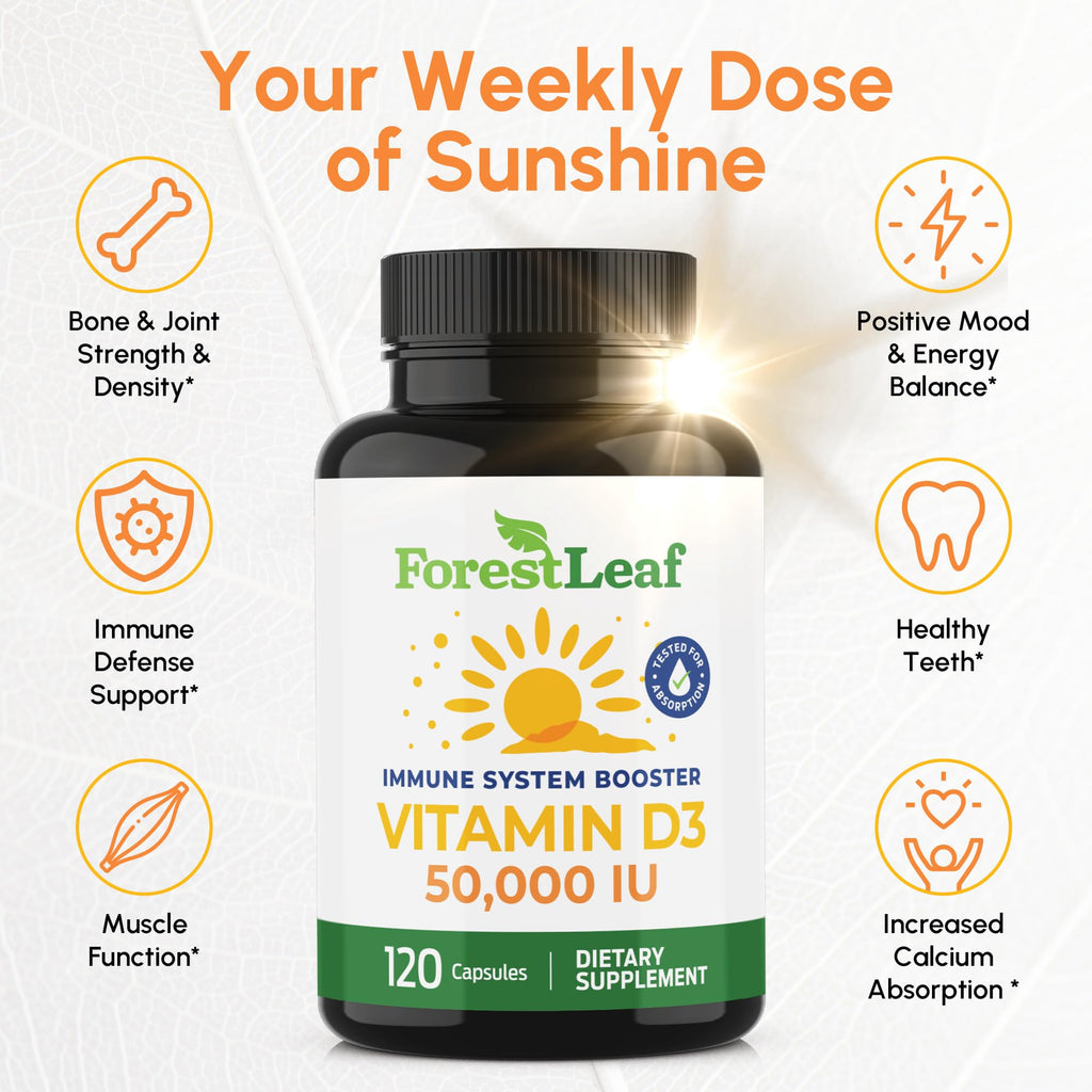 ForestLeaf Vitamin D3 50,000 IU | VIT D - Kosher VIT D3 Vitamin D Supplement for Women and Men | Bone Health, Teeth, Immune Support - FENGGESTORE20