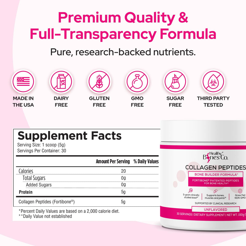 FORTIBONE Collagen Peptides Essential Bone Builder Hydrolyzed Collagen Powder for Women & Men, Clinically-Supported for Bone Strength & Density - FENGGESTORE20