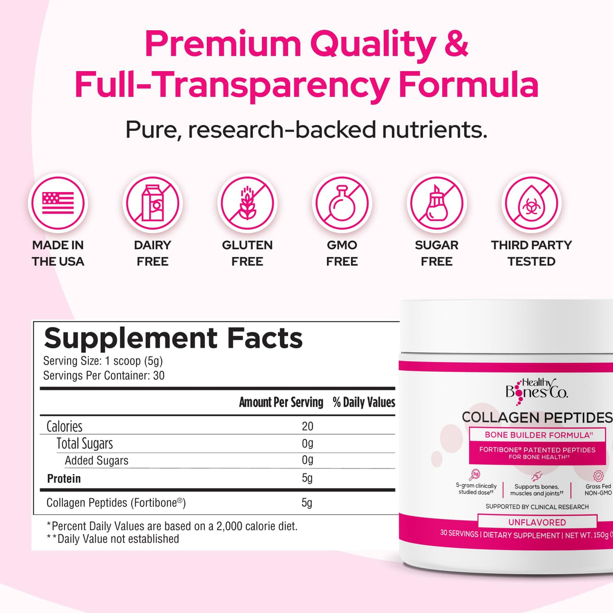 FORTIBONE Collagen Peptides Essential Bone Builder Hydrolyzed Collagen Powder for Women & Men, Clinically-Supported for Bone Strength & Density - FENGGESTORE20