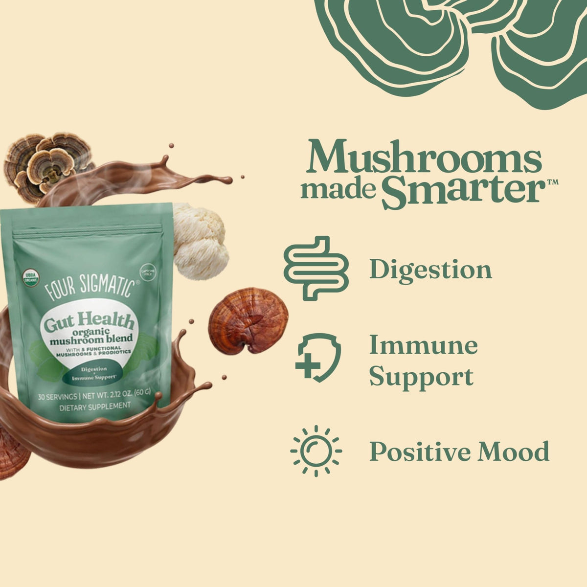 Four Sigmatic Gut Health Mushroom Blend | Organic Mushroom Powder Complex with Turkey Tail, Lion’s Mane, Cordyceps, Chaga, Probiotics and More - FENGGESTORE20