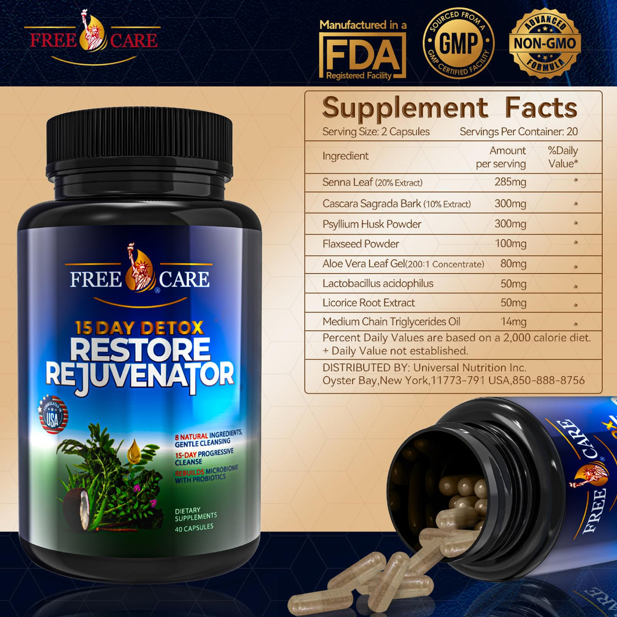 FreeCare Colon Cleanse 15+5Day Upgrade,Advanced Gut Cleanse Detox for Women & Men Fast Natural Laxative for Constipation Relief with Cascara Sagrada, Psyllium Husk - FENGGESTORE20