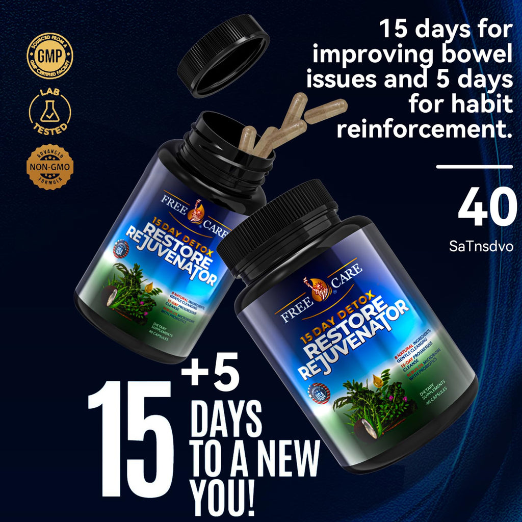 FreeCare Colon Cleanse 15+5Day Upgrade,Advanced Gut Cleanse Detox for Women & Men Fast Natural Laxative for Constipation Relief with Cascara Sagrada, Psyllium Husk - FENGGESTORE20
