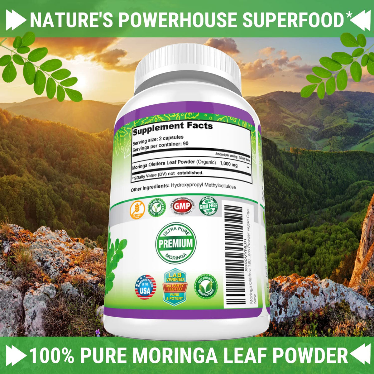 FRESH HEALTHCARE Moringa Capsules – 100% Pure Leaf Powder - 180 Pills, Non-GMO - 3 Month Supply - Complete Green Superfood for Energy - FENGGESTORE20