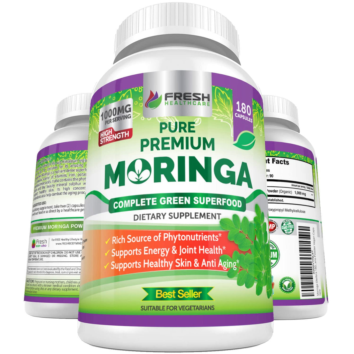 FRESH HEALTHCARE Moringa Capsules – 100% Pure Leaf Powder - 180 Pills, Non-GMO - 3 Month Supply - Complete Green Superfood for Energy - FENGGESTORE20