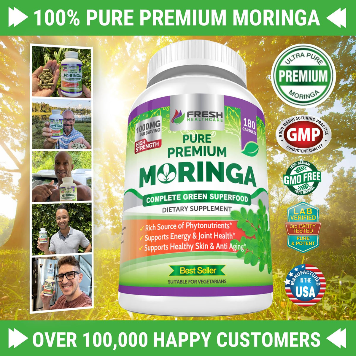 FRESH HEALTHCARE Moringa Capsules – 100% Pure Leaf Powder - 180 Pills, Non-GMO - 3 Month Supply - Complete Green Superfood for Energy - FENGGESTORE20