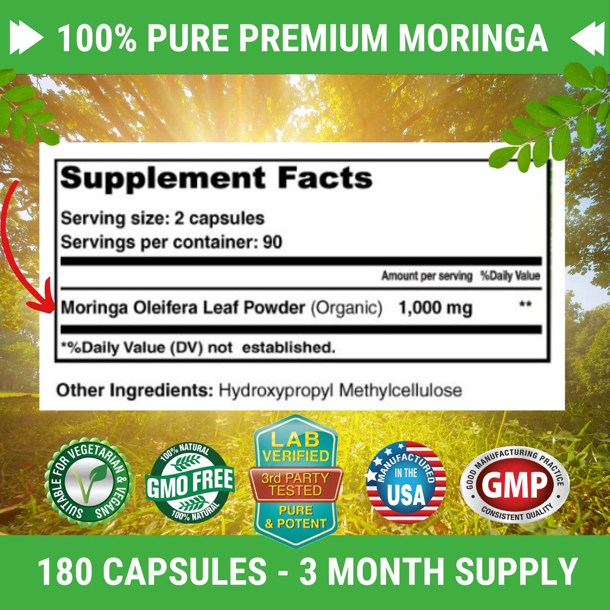 FRESH HEALTHCARE Moringa Capsules – 100% Pure Leaf Powder - 180 Pills, Non-GMO - 3 Month Supply - Complete Green Superfood for Energy - FENGGESTORE20