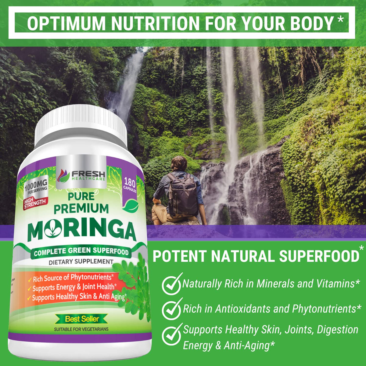 FRESH HEALTHCARE Moringa Capsules – 100% Pure Leaf Powder - 180 Pills, Non-GMO - 3 Month Supply - Complete Green Superfood for Energy - FENGGESTORE20