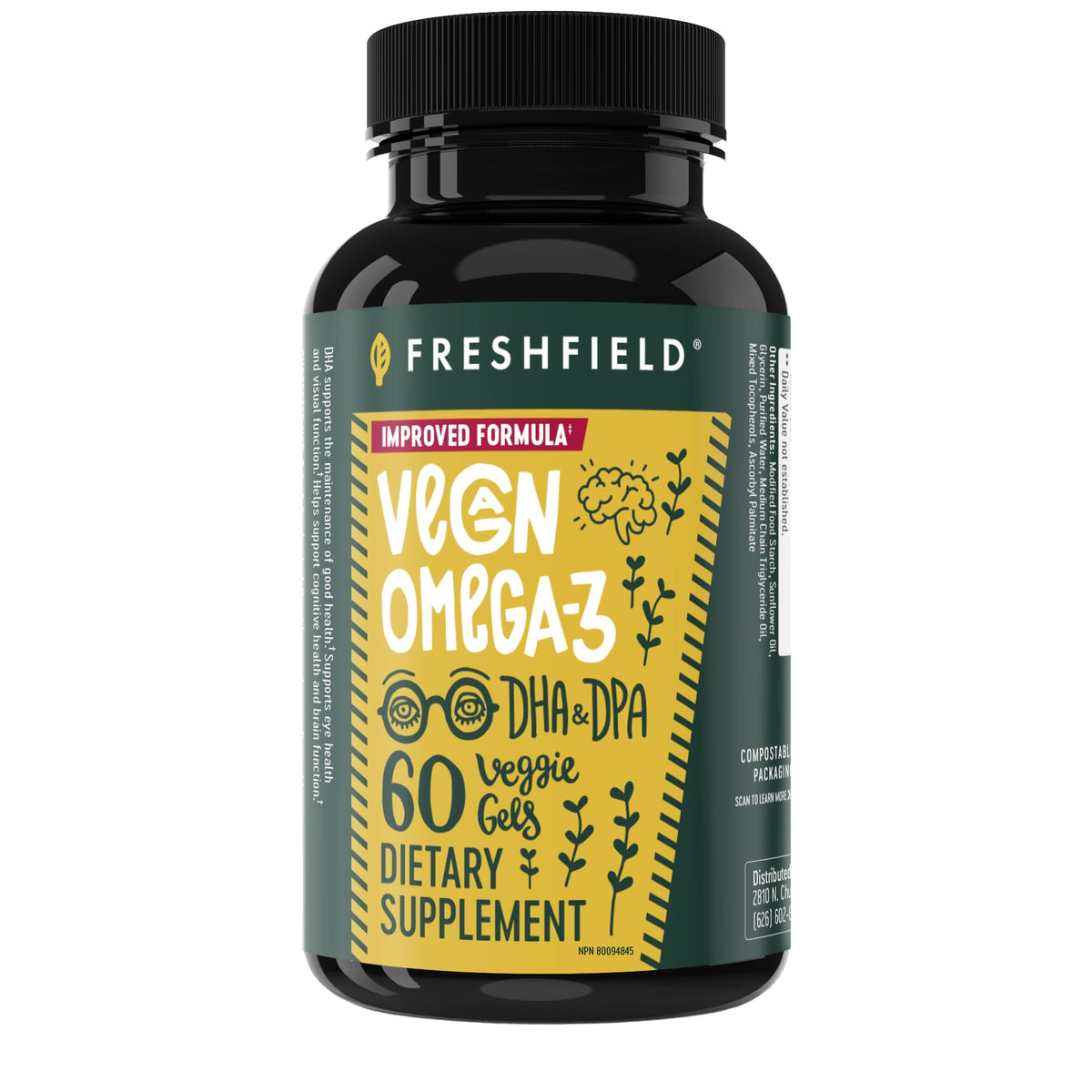 Freshfield Vegan Omega 3, Algae (Algal) Oil, Fish Oil Free Company, Third Party Tested, Carrageenan Free, DHA Supplement w/DPA - FENGGESTORE20