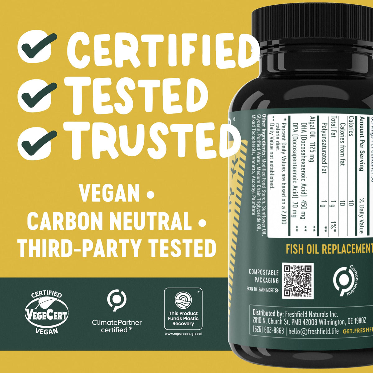 Freshfield Vegan Omega 3, Algae (Algal) Oil, Fish Oil Free Company, Third Party Tested, Carrageenan Free, DHA Supplement w/DPA - FENGGESTORE20
