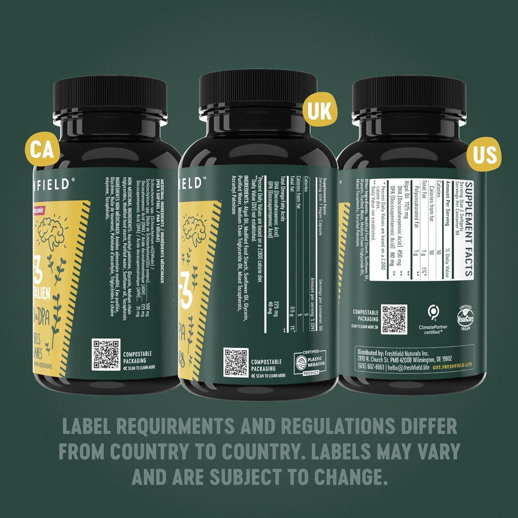 Freshfield Vegan Omega 3, Algae (Algal) Oil, Fish Oil Free Company, Third Party Tested, Carrageenan Free, DHA Supplement w/DPA - FENGGESTORE20