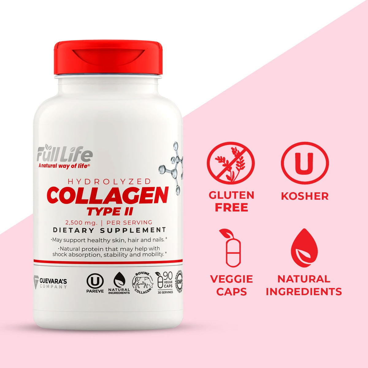 Full Life Hydrolyzed Collagen Supplements - Bovine Collagen Pills for Women and Men - Kosher Collagen Capsules, Gluten-Free - 90 Veggie Capsules 2,500mg - FENGGESTORE20