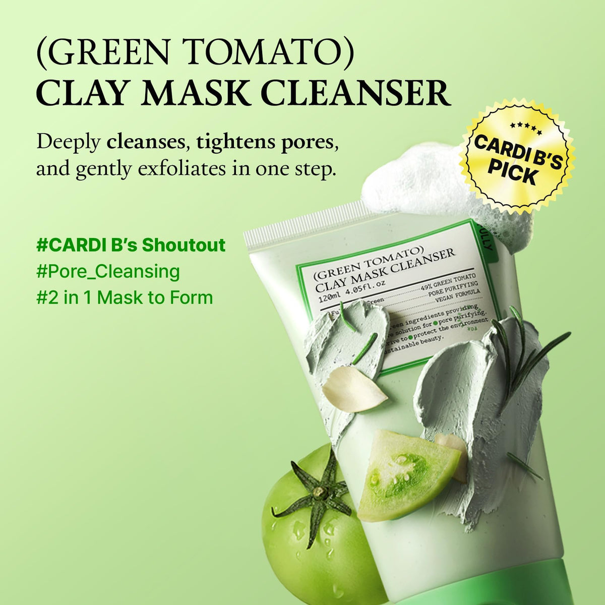 FULLY Green Tomato Facial Cleanser, Cardi B’s Clay Mask Cleanser for Deep Pore Cleanse - FENGGESTORE20