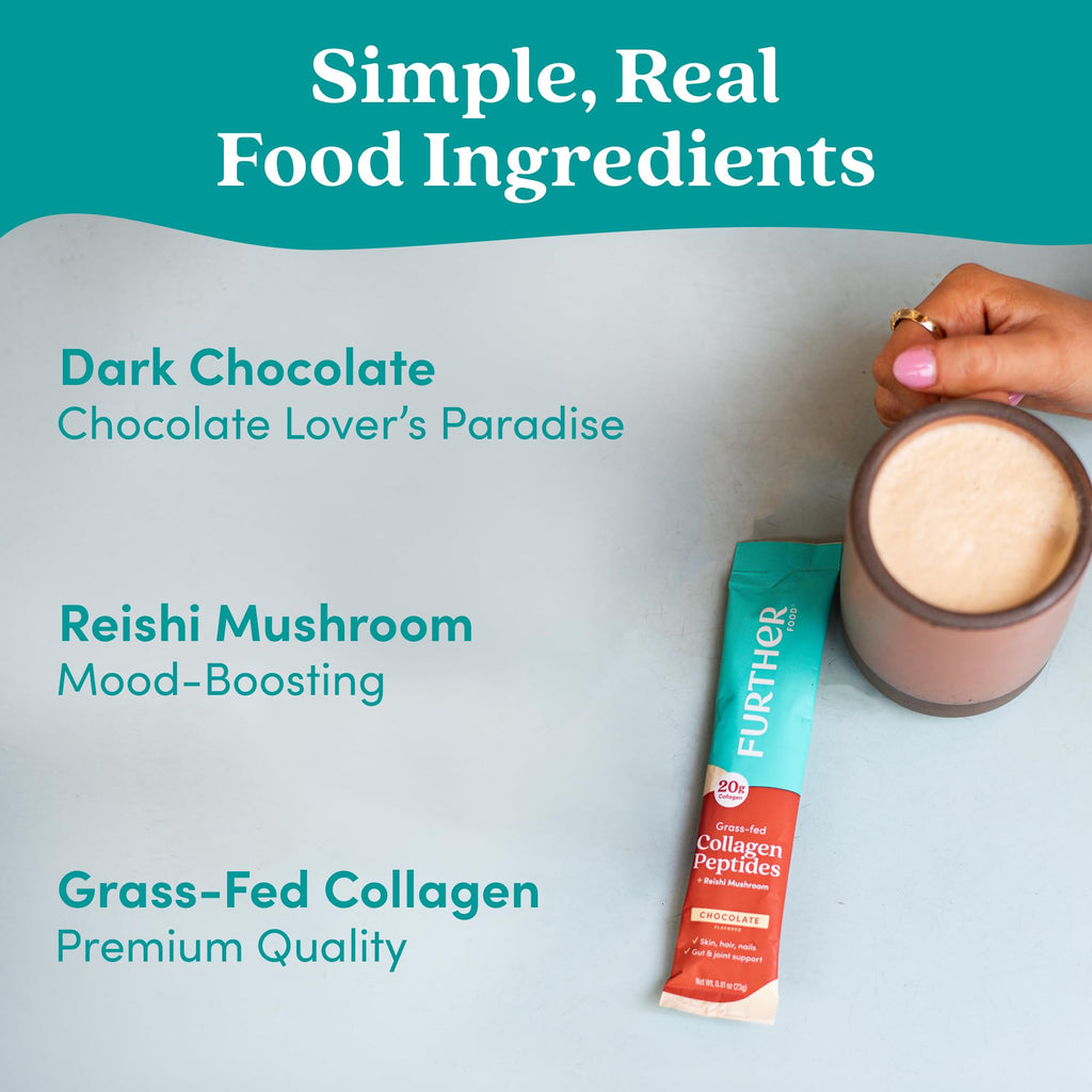 Further Food Chocolate Collagen Peptides Powder with Reishi Mushroom - 100% Grass-Fed, Hydrolyzed Type 1 & 3, 20g of Collagen per Serving, Supports Skin, Hair, Nails & Joints, Stick Packs, 9.74 Oz - FENGGESTORE20