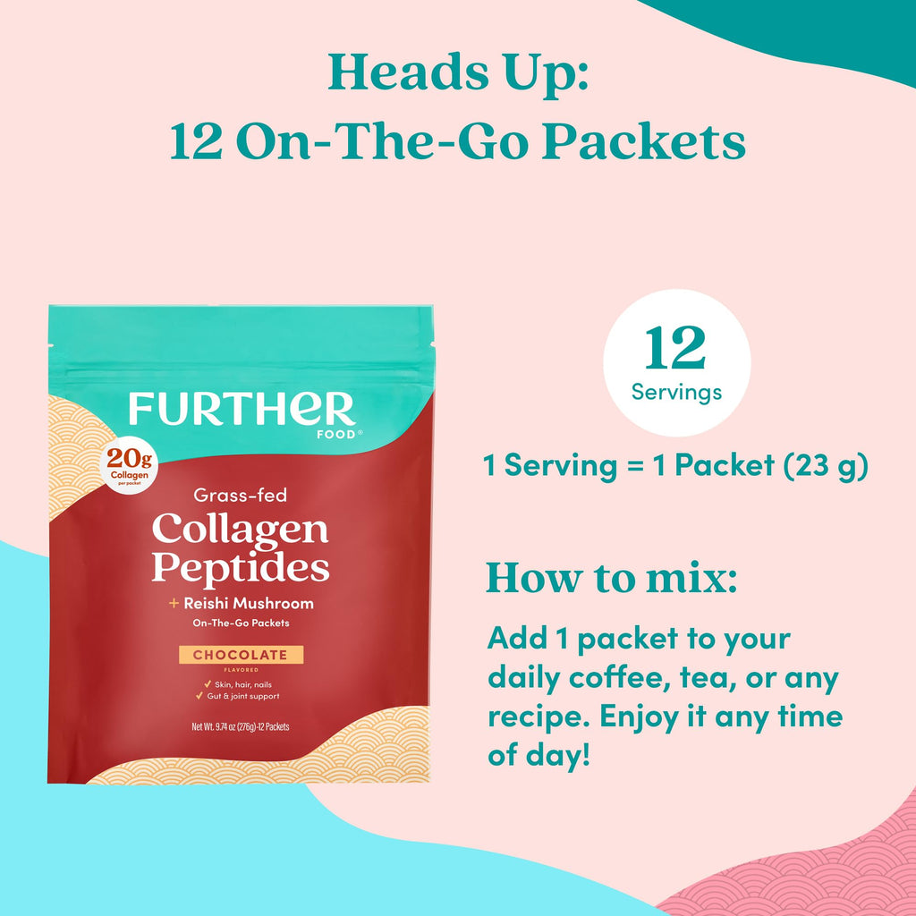 Further Food Chocolate Collagen Peptides Powder with Reishi Mushroom - 100% Grass-Fed, Hydrolyzed Type 1 & 3, 20g of Collagen per Serving, Supports Skin, Hair, Nails & Joints, Stick Packs, 9.74 Oz - FENGGESTORE20