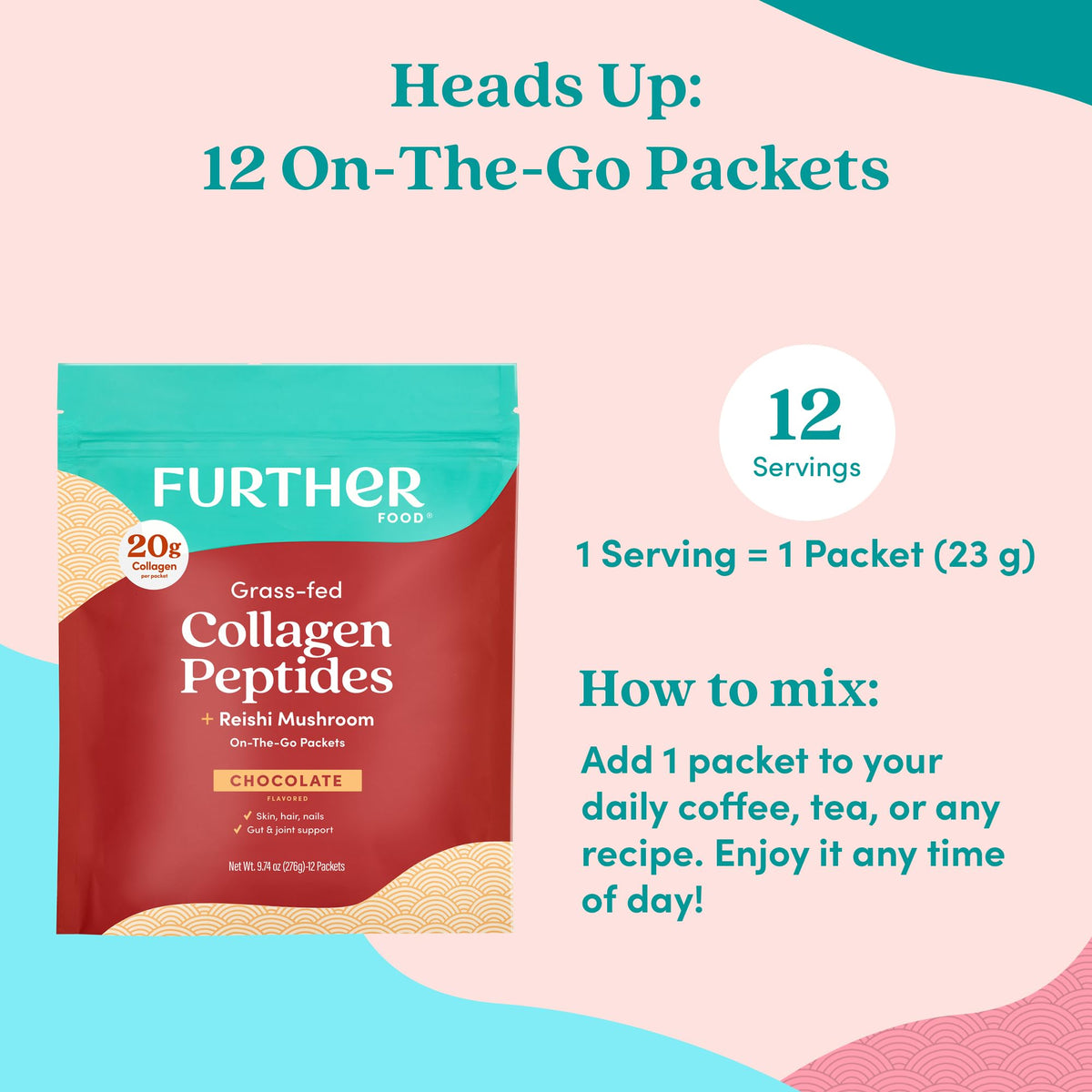 Further Food Chocolate Collagen Peptides Powder with Reishi Mushroom - 100% Grass-Fed, Hydrolyzed Type 1 & 3, 20g of Collagen per Serving, Supports Skin, Hair, Nails & Joints, Stick Packs, 9.74 Oz - FENGGESTORE20