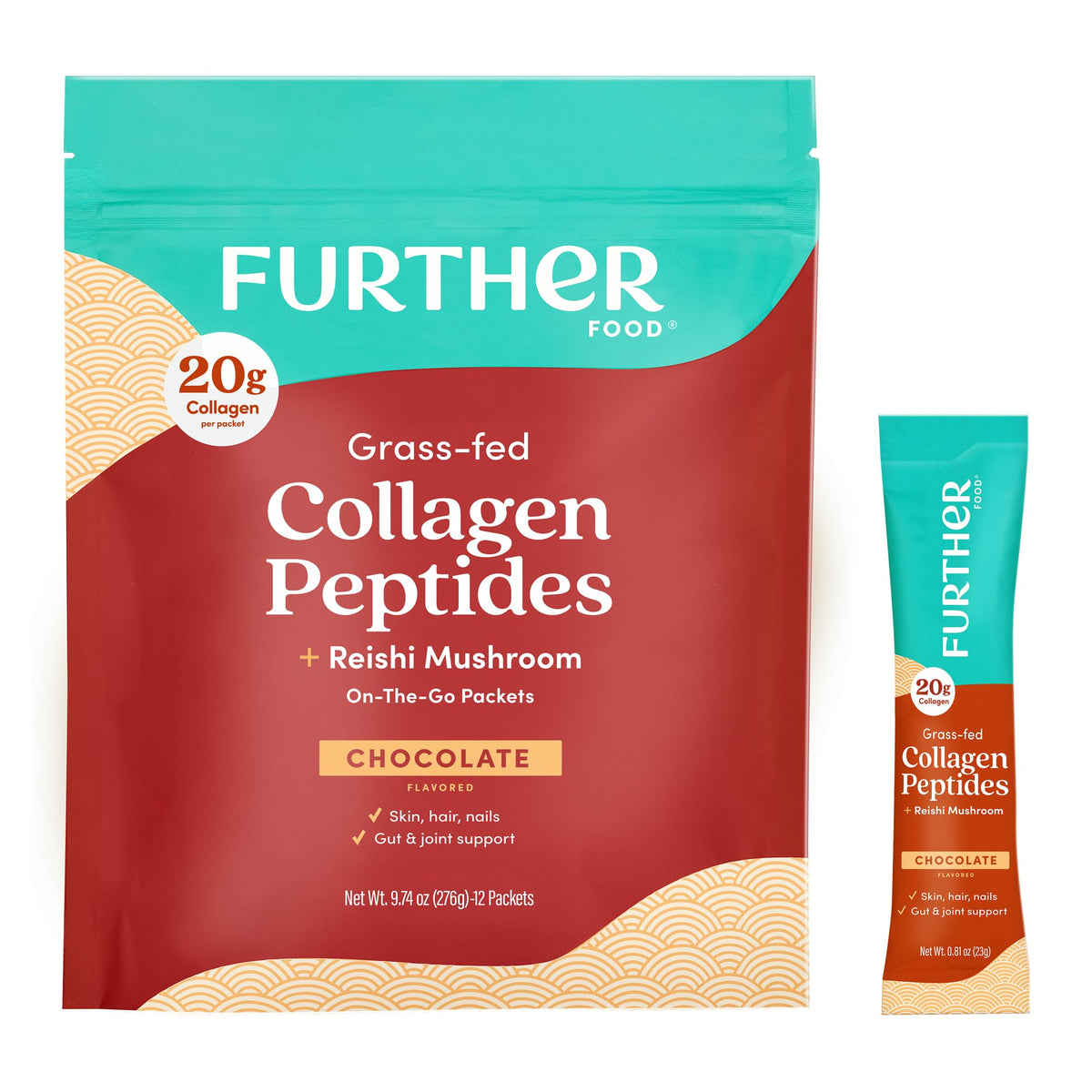 Further Food Chocolate Collagen Peptides Powder with Reishi Mushroom - 100% Grass-Fed, Hydrolyzed Type 1 & 3, 20g of Collagen per Serving, Supports Skin, Hair, Nails & Joints, Stick Packs, 9.74 Oz - FENGGESTORE20