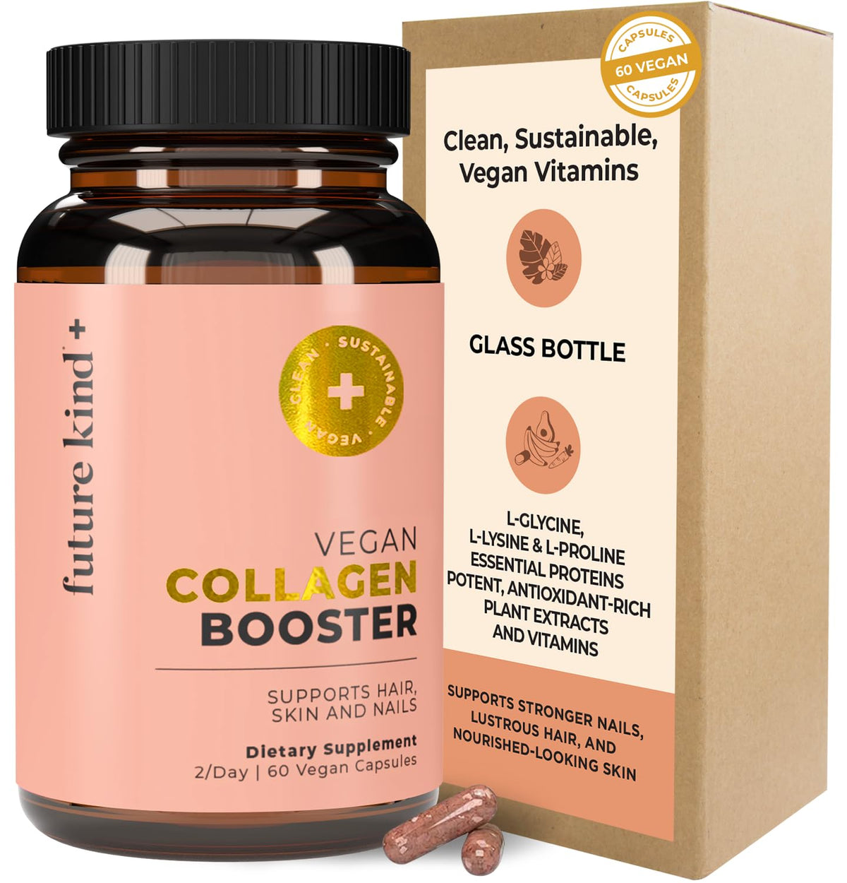 Future Kind Vegan Collagen - Supports Collagen Production with Biotin and Vitamin C (60 Capsules in Glass Bottle) - FENGGESTORE20