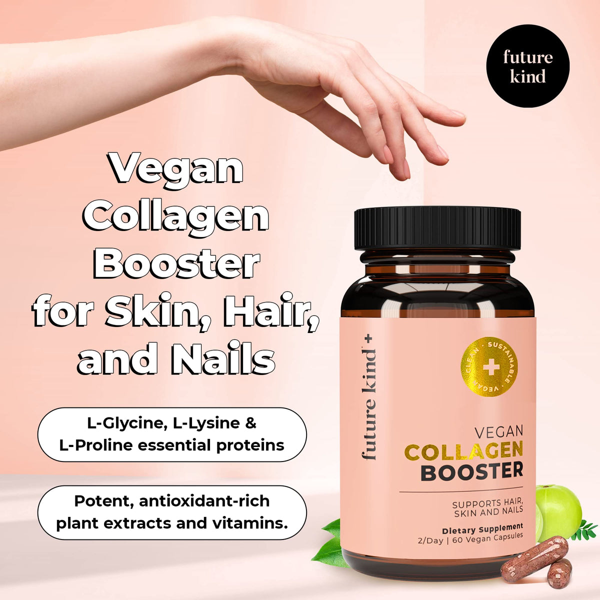 Future Kind Vegan Collagen - Supports Collagen Production with Biotin and Vitamin C (60 Capsules in Glass Bottle) - FENGGESTORE20