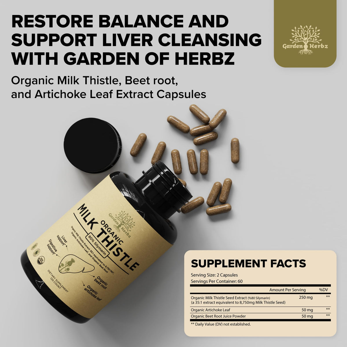 Garden of Herbz USDA Organic Milk Thistle Liver Detox Supplement 80% Silymarin, 250 mg with Beet Root & Artichoke Extract for Liver Support & Digestion, - FENGGESTORE20