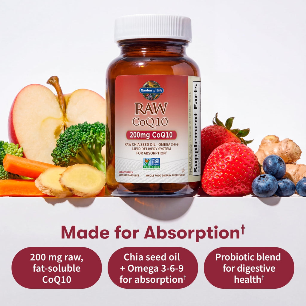 Garden of Life CoQ10 200mg, Vegetarian Omega 3 6 9 Supplement Raw Co Q 10 Chia Seed Oil, Whole Food Nutrition with Antioxidant Support - FENGGESTORE20