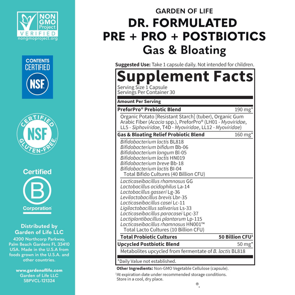 Garden of Life Dr. Formulated Pre, Post & Probiotics Gas & Bloating Once Daily 3-in-1 Complete Prebiotics, Postbiotics & Probiotics – 50 Billion CFU - FENGGESTORE20
