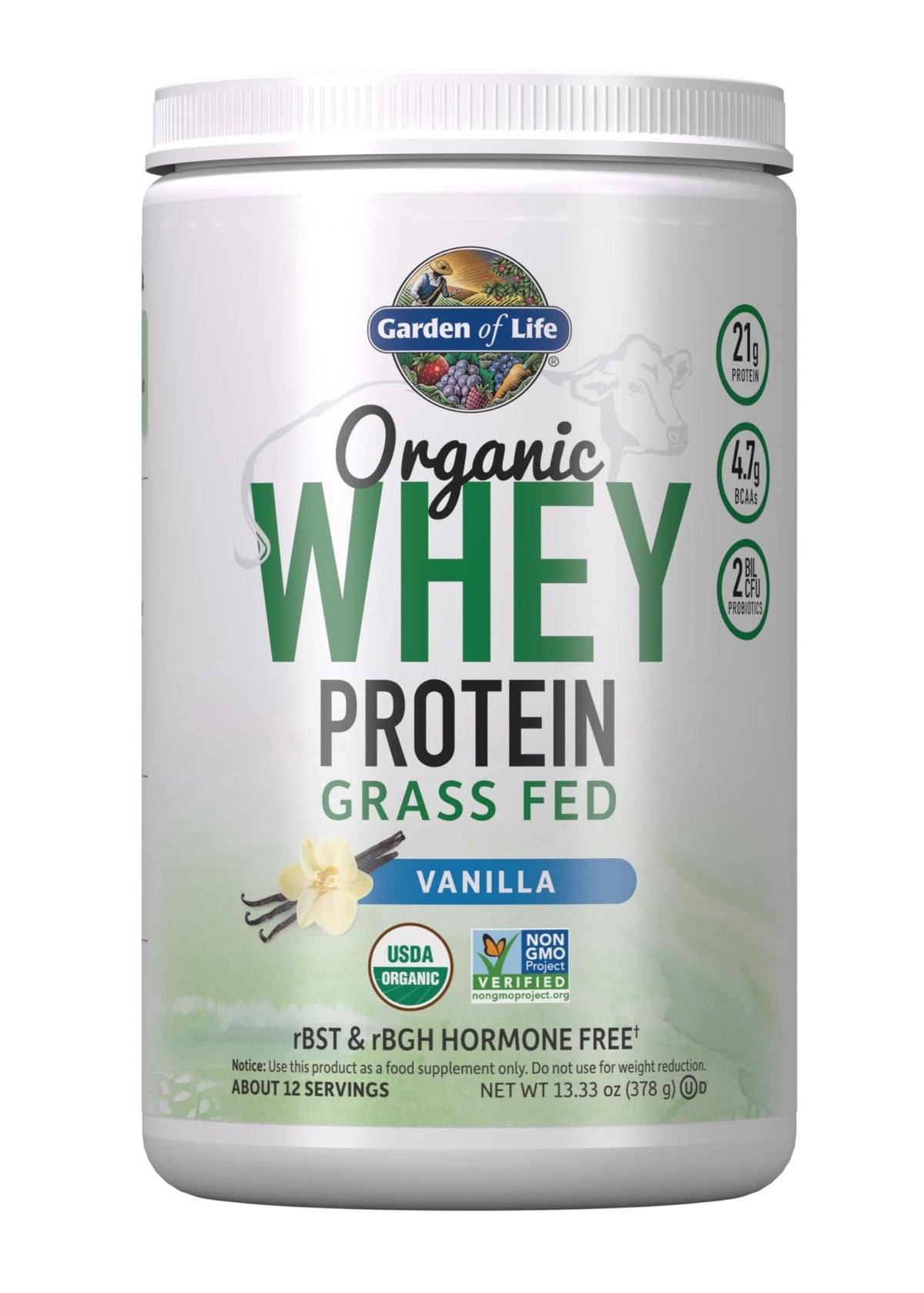 Garden of Life Grass Fed Whey Protein Powder Vanilla - 21g Protein for Women & Men + Probiotics - 12 Servings - Gluten Free, Non GMO, Kosher, Humane, RBST & rBGH Hormone Free - FENGGESTORE20