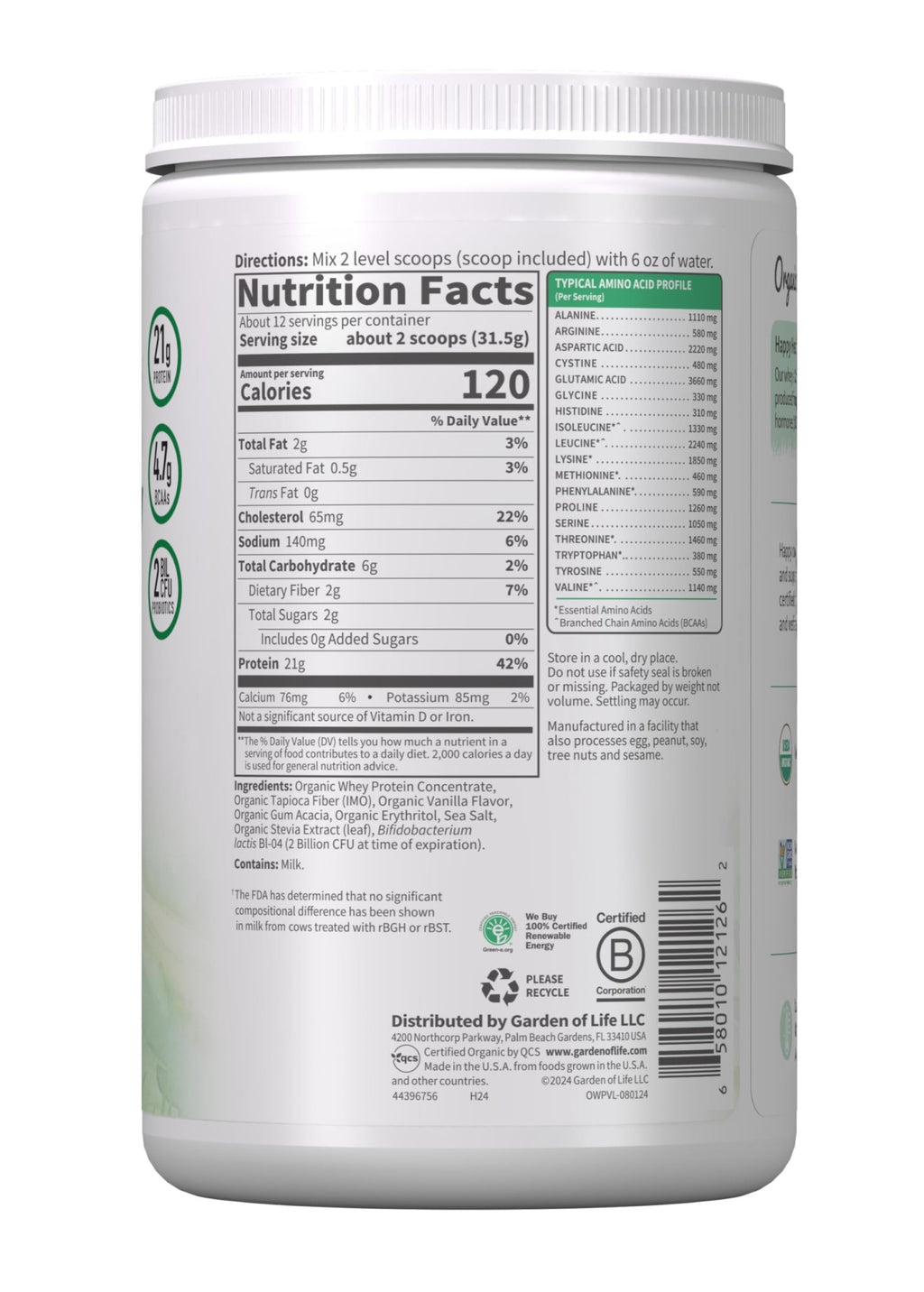Garden of Life Grass Fed Whey Protein Powder Vanilla - 21g Protein for Women & Men + Probiotics - 12 Servings - Gluten Free, Non GMO, Kosher, Humane, RBST & rBGH Hormone Free - FENGGESTORE20