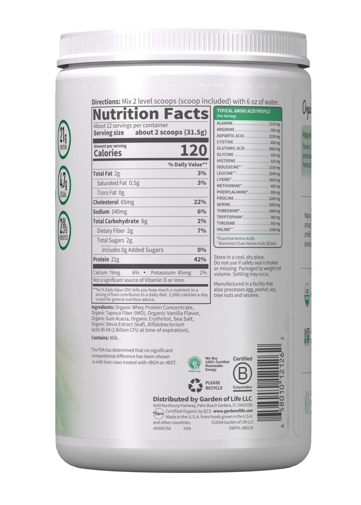 Garden of Life Grass Fed Whey Protein Powder Vanilla - 21g Protein for Women & Men + Probiotics - 12 Servings - Gluten Free, Non GMO, Kosher, Humane, RBST & rBGH Hormone Free - FENGGESTORE20
