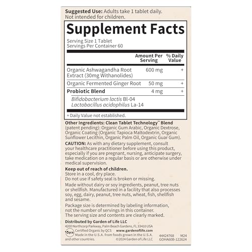 Garden of Life Organic Ashwagandha Supplement with Probiotics & Ginger - Stress, Mood & Energy Support, Vegan, Gluten Free - FENGGESTORE20