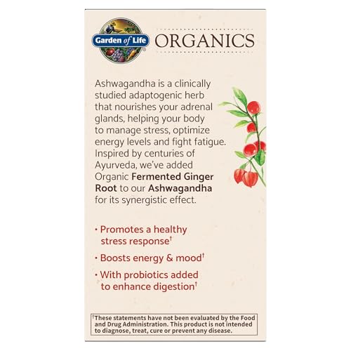 Garden of Life Organic Ashwagandha Supplement with Probiotics & Ginger - Stress, Mood & Energy Support, Vegan, Gluten Free - FENGGESTORE20