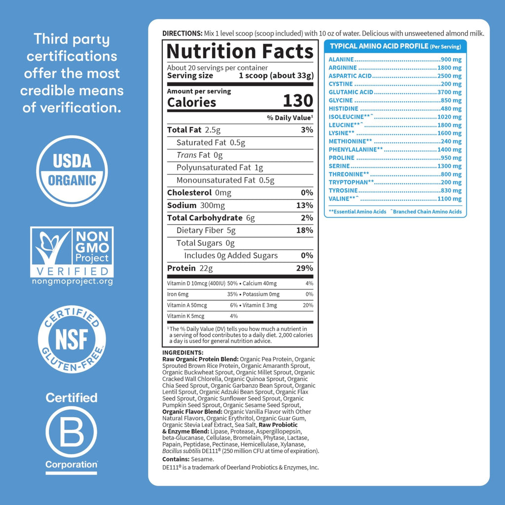 Garden Of Life Protein Powder, Vegan Protein Powder, Bcaa, Probiotics & Digestive Enzymes, Gluten & Lactose Free, Vanilla, 23.28 Ounce - FENGGESTORE20