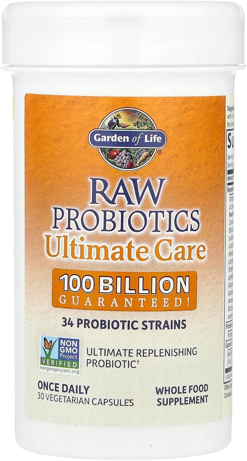 Garden of Life Raw Probiotics for Women and Men with Digestive Enzymes, 100 Billion CFU, Clinically Studied Strains, Shelf Stable, 30 Capsules - FENGGESTORE20