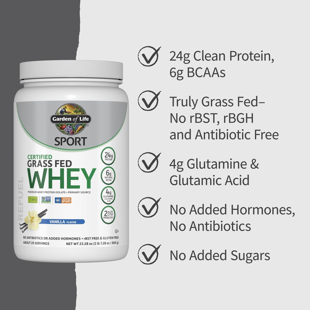 Garden of Life Sport Grass Fed Whey Protein Powder – 24g Whey Protein Isolate for Women & Men with Probiotics & Glutamine, Non-GMO, Gluten-Free, Cold-Processed, Vanilla Flavor, 20 Servings - FENGGESTORE20
