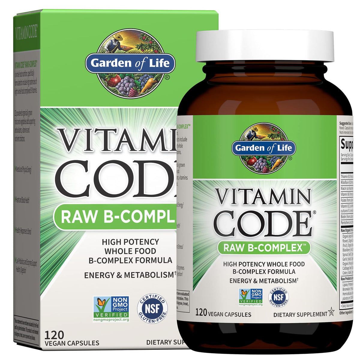 Garden of Life Vitamin B Complex, 120 Vegan Capsules, High Potency Vitamins for Energy & Metabolism with B6, Folate & B12 - FENGGESTORE20