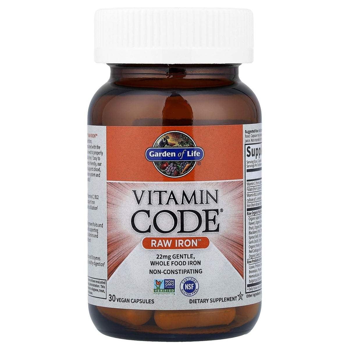Garden of Life Vitamin Code Raw Iron Supplement - 30 Vegan Capsules, 22mg Once Daily Iron, Vitamins C, B12, Folate, Fruit, Veggies & Probiotics, Iron Supplements for Women, Energy & Anemia Support - FENGGESTORE20