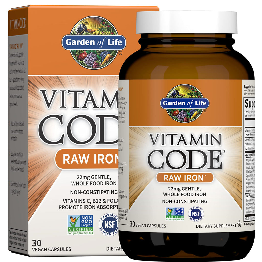 Garden of Life Vitamin Code Raw Iron Supplement - 30 Vegan Capsules, 22mg Once Daily Iron, Vitamins C, B12, Folate, Fruit, Veggies & Probiotics, Iron Supplements for Women, Energy & Anemia Support - FENGGESTORE20