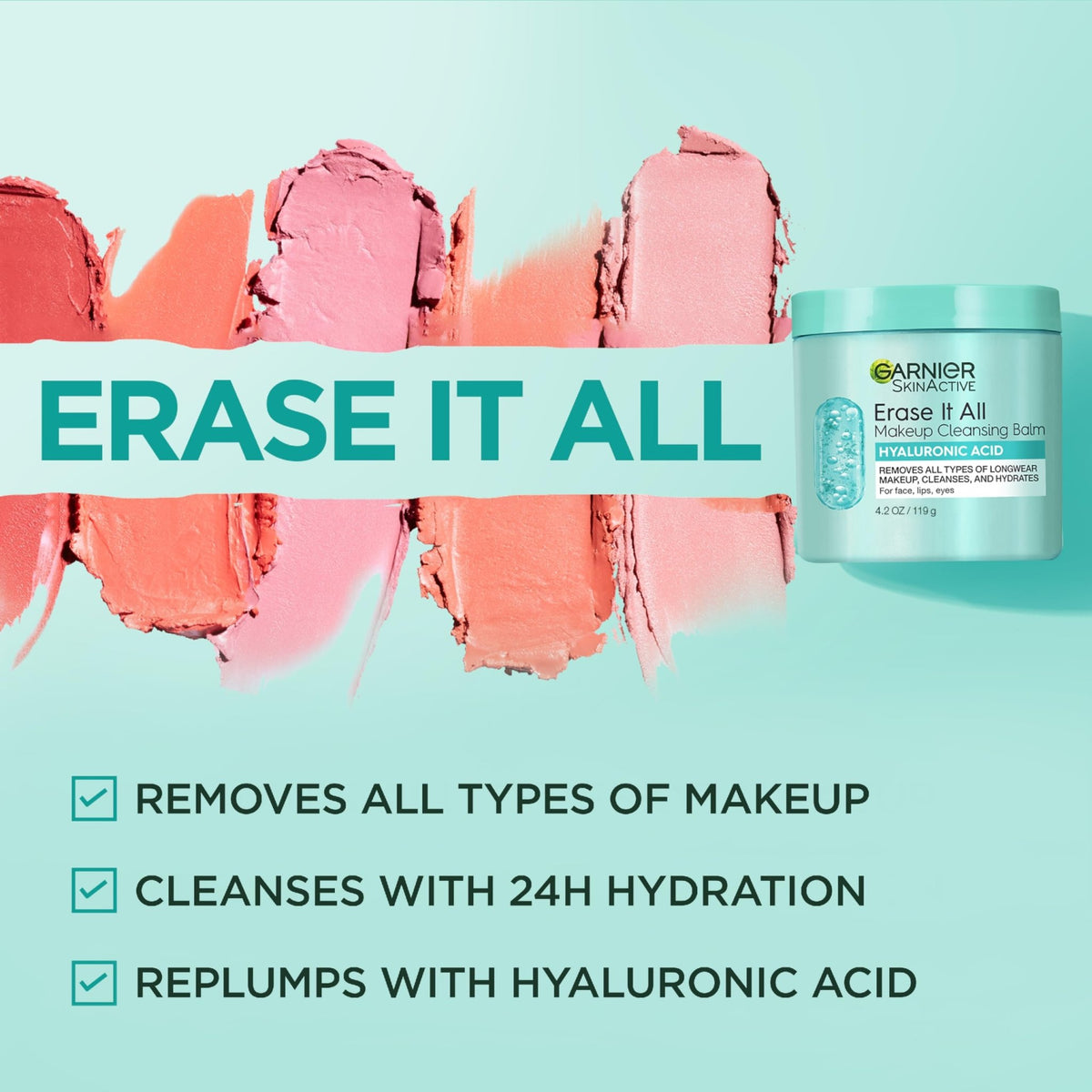 Garnier Erase It All Makeup Cleansing Balm with Hyaluronic Acid, Replumping Facial Cleanser and Makeup Remover, 4.2 Oz - FENGGESTORE20