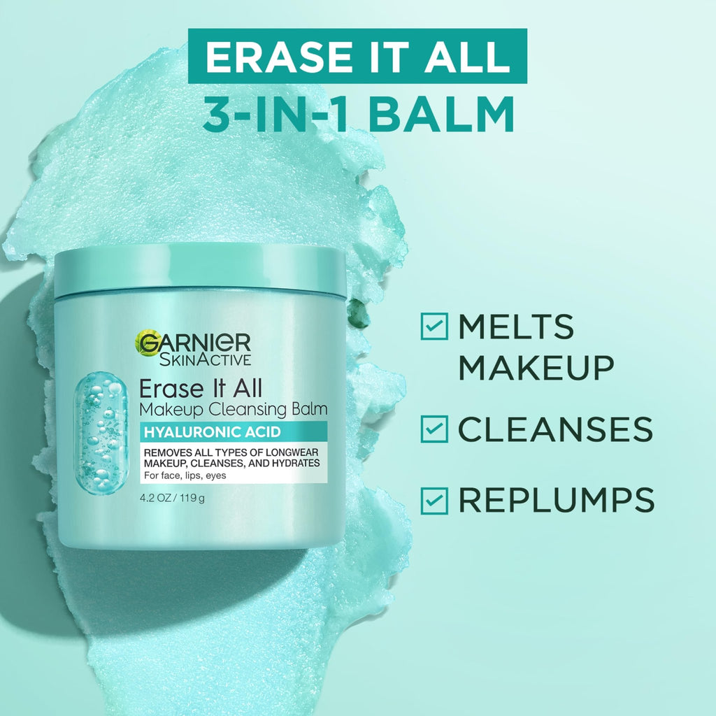 Garnier Erase It All Makeup Cleansing Balm with Hyaluronic Acid, Replumping Facial Cleanser and Makeup Remover, 4.2 Oz - FENGGESTORE20