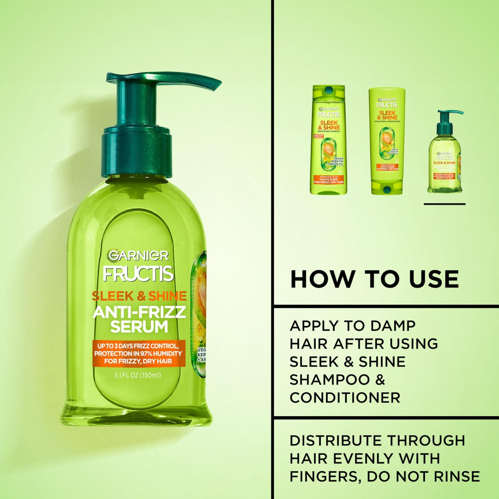 Garnier Fructis Sleek & Shine Anti-Frizz Serum for Frizzy, Dry Hair, Argan Oil, 5.1 Fl Oz, 1 Count (Packaging May Vary) - FENGGESTORE20