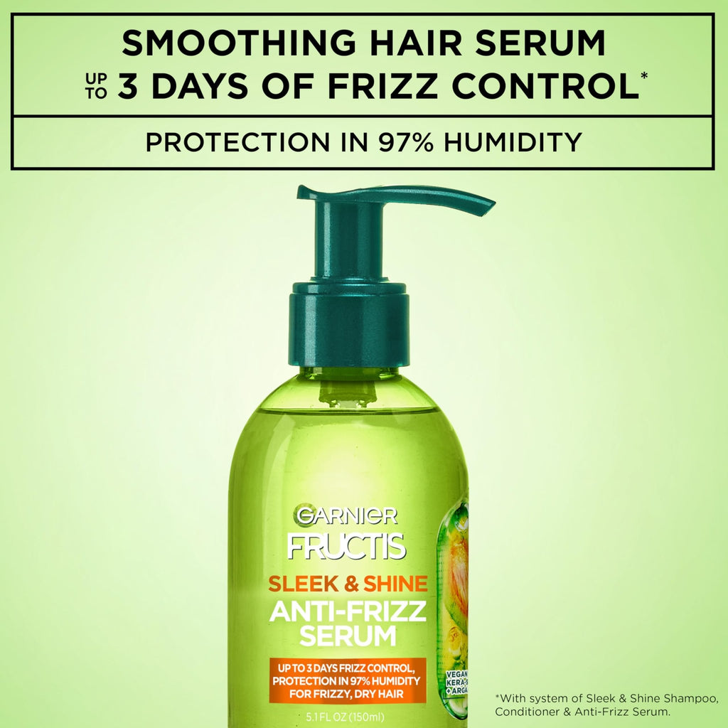 Garnier Fructis Sleek & Shine Anti-Frizz Serum for Frizzy, Dry Hair, Argan Oil, 5.1 Fl Oz, 1 Count (Packaging May Vary) - FENGGESTORE20