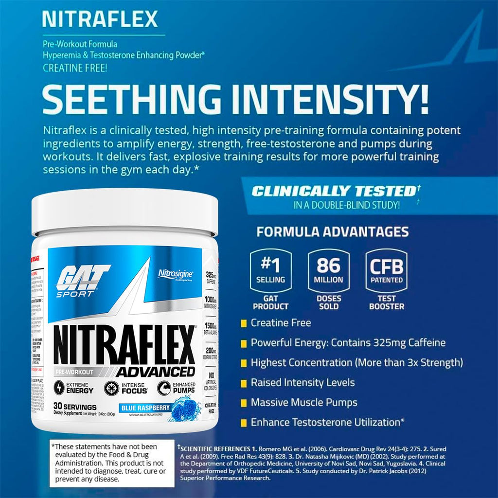 GAT SPORT Nitraflex Advanced Pre-Workout Powder, Increases Blood Flow, Boosts Strength and Energy, Improves Exercise Performance, (Blue Raspberry, 30 Servings) - FENGGESTORE20
