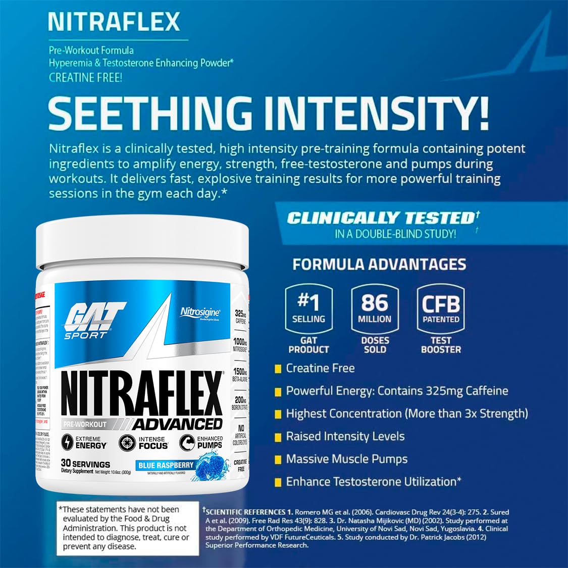 GAT SPORT Nitraflex Advanced Pre-Workout Powder, Increases Blood Flow, Boosts Strength and Energy, Improves Exercise Performance, (Blue Raspberry, 30 Servings) - FENGGESTORE20