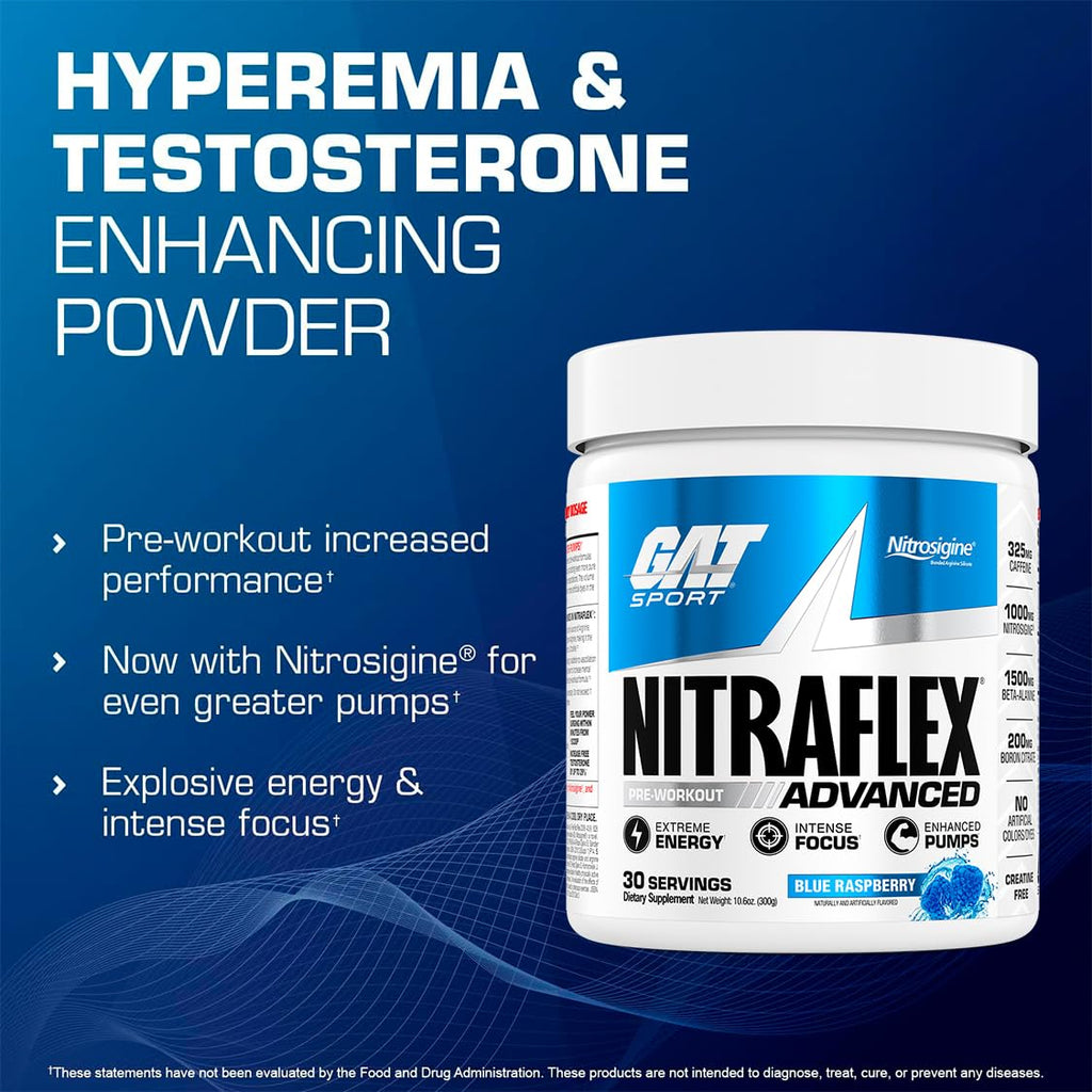 GAT SPORT Nitraflex Advanced Pre-Workout Powder, Increases Blood Flow, Boosts Strength and Energy, Improves Exercise Performance, (Blue Raspberry, 30 Servings) - FENGGESTORE20