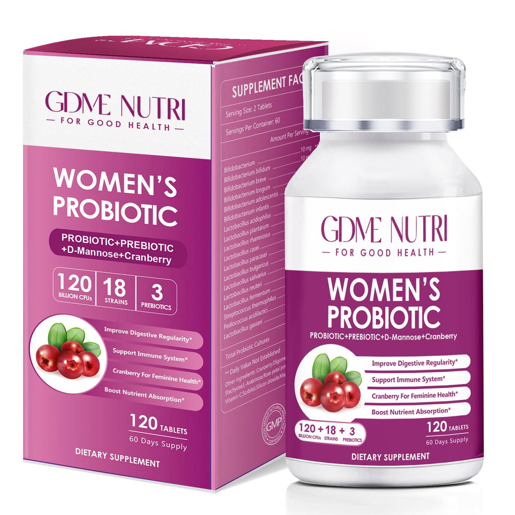 GDMENUTRI Women's Probiotics, 120 Tablets 120 Billion CFU 18 Strains, Contains Organic Prebiotic Cranberry, Probiotic Supplement for Digestion, - FENGGESTORE20