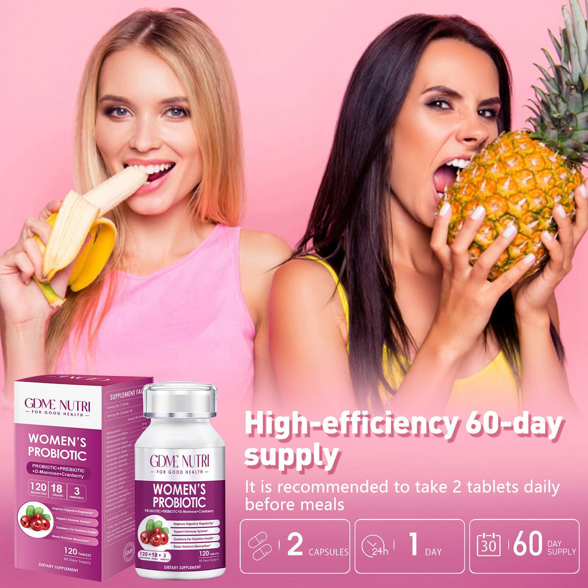 GDMENUTRI Women's Probiotics, 120 Tablets 120 Billion CFU 18 Strains, Contains Organic Prebiotic Cranberry, Probiotic Supplement for Digestion, - FENGGESTORE20