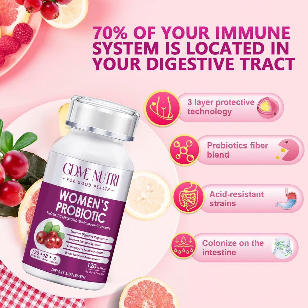 GDMENUTRI Women's Probiotics, 120 Tablets 120 Billion CFU 18 Strains, Contains Organic Prebiotic Cranberry, Probiotic Supplement for Digestion, - FENGGESTORE20