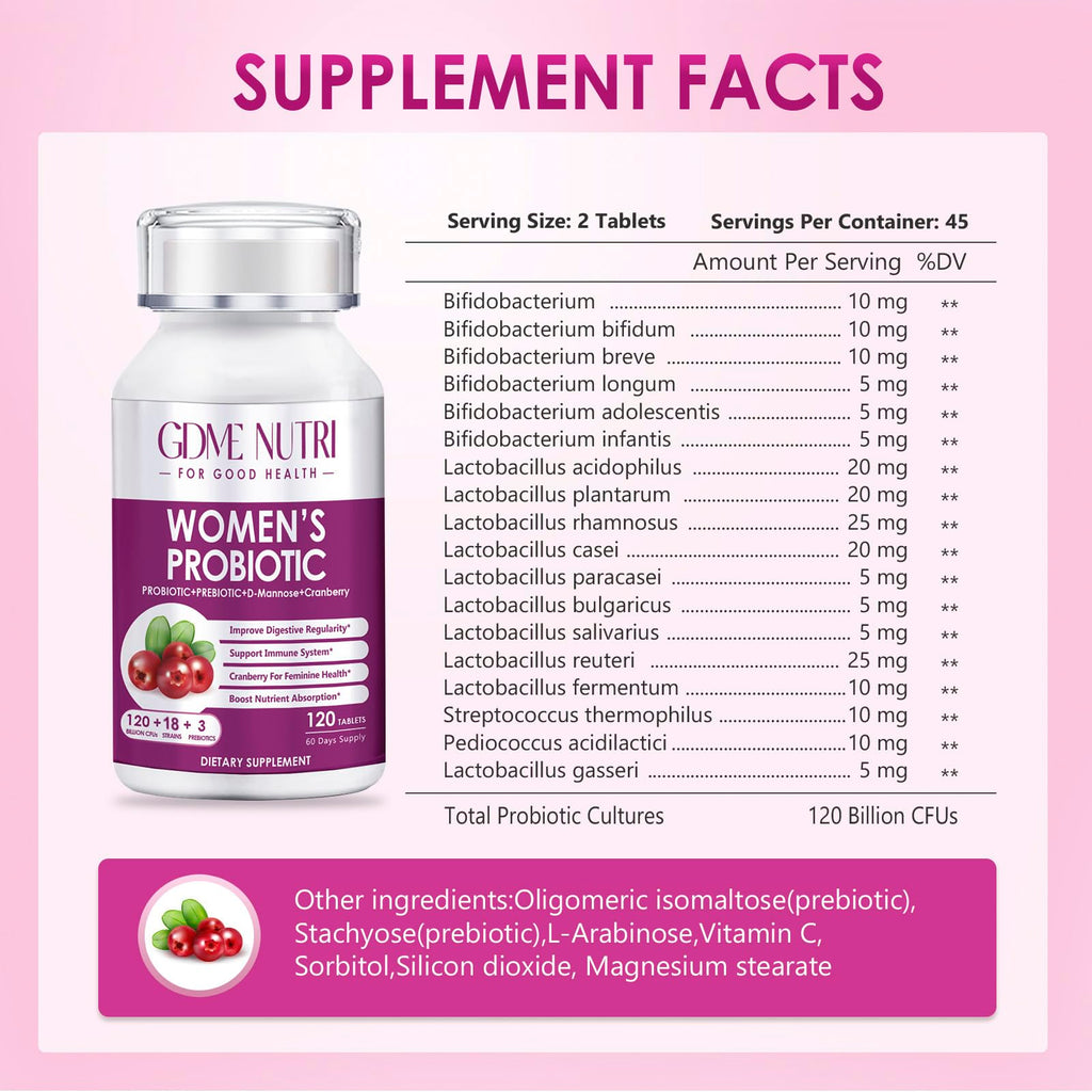 GDMENUTRI Women's Probiotics, 120 Tablets 120 Billion CFU 18 Strains, Contains Organic Prebiotic Cranberry, Probiotic Supplement for Digestion, - FENGGESTORE20