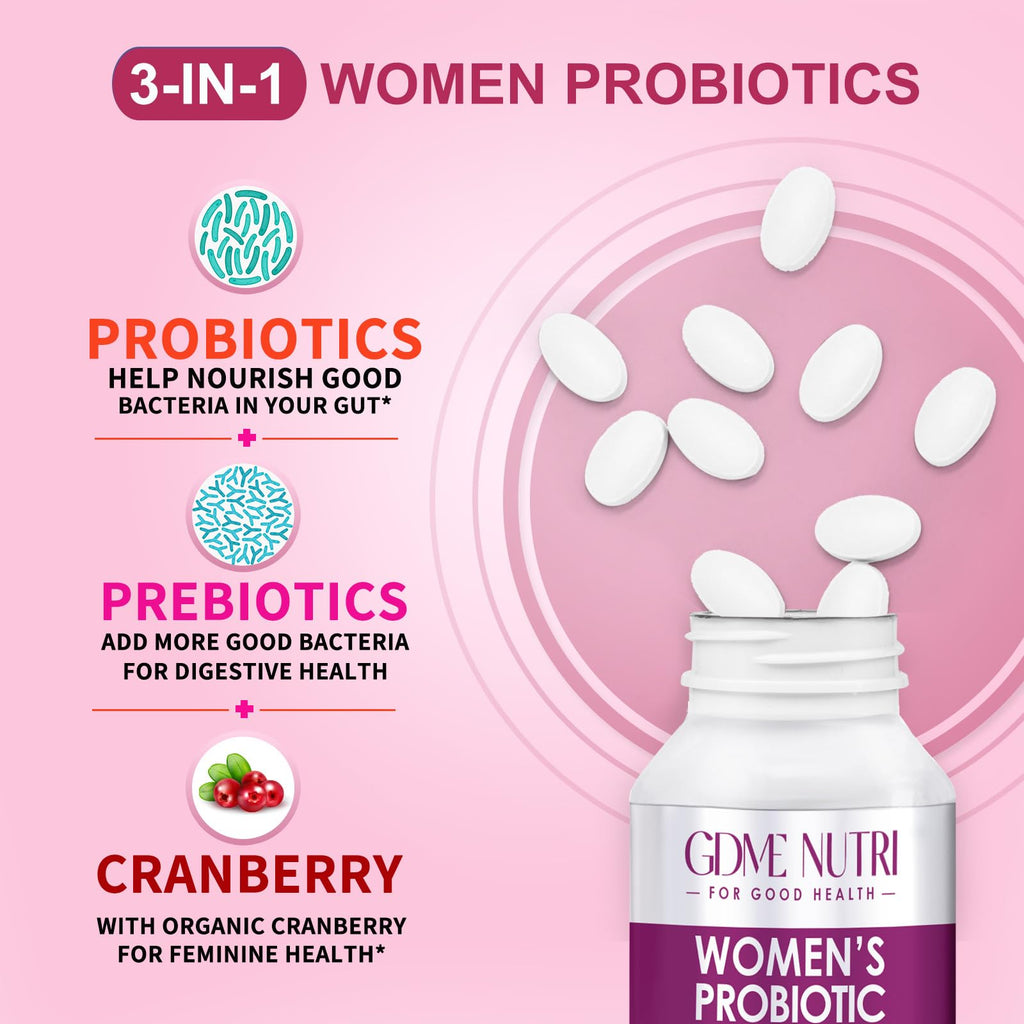 GDMENUTRI Women's Probiotics, 120 Tablets 120 Billion CFU 18 Strains, Contains Organic Prebiotic Cranberry, Probiotic Supplement for Digestion, - FENGGESTORE20